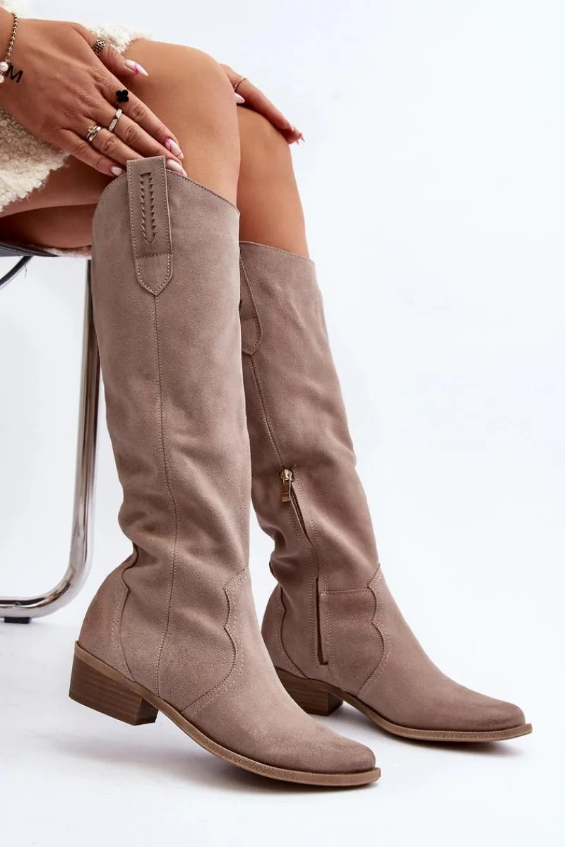 Discount 3427 Damskie Zamszowe Kozaki Kowbojki Cappuccino Damskie Kozaki Wiosenne|Kozaki Przed Kolano
