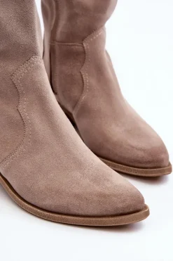 Discount 3427 Damskie Zamszowe Kozaki Kowbojki Cappuccino Damskie Kozaki Wiosenne|Kozaki Przed Kolano