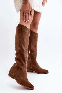 Online 3427 Damskie Zamszowe Kozaki Kowbojki Brązowe Damskie Kozaki Wiosenne|Kozaki Przed Kolano