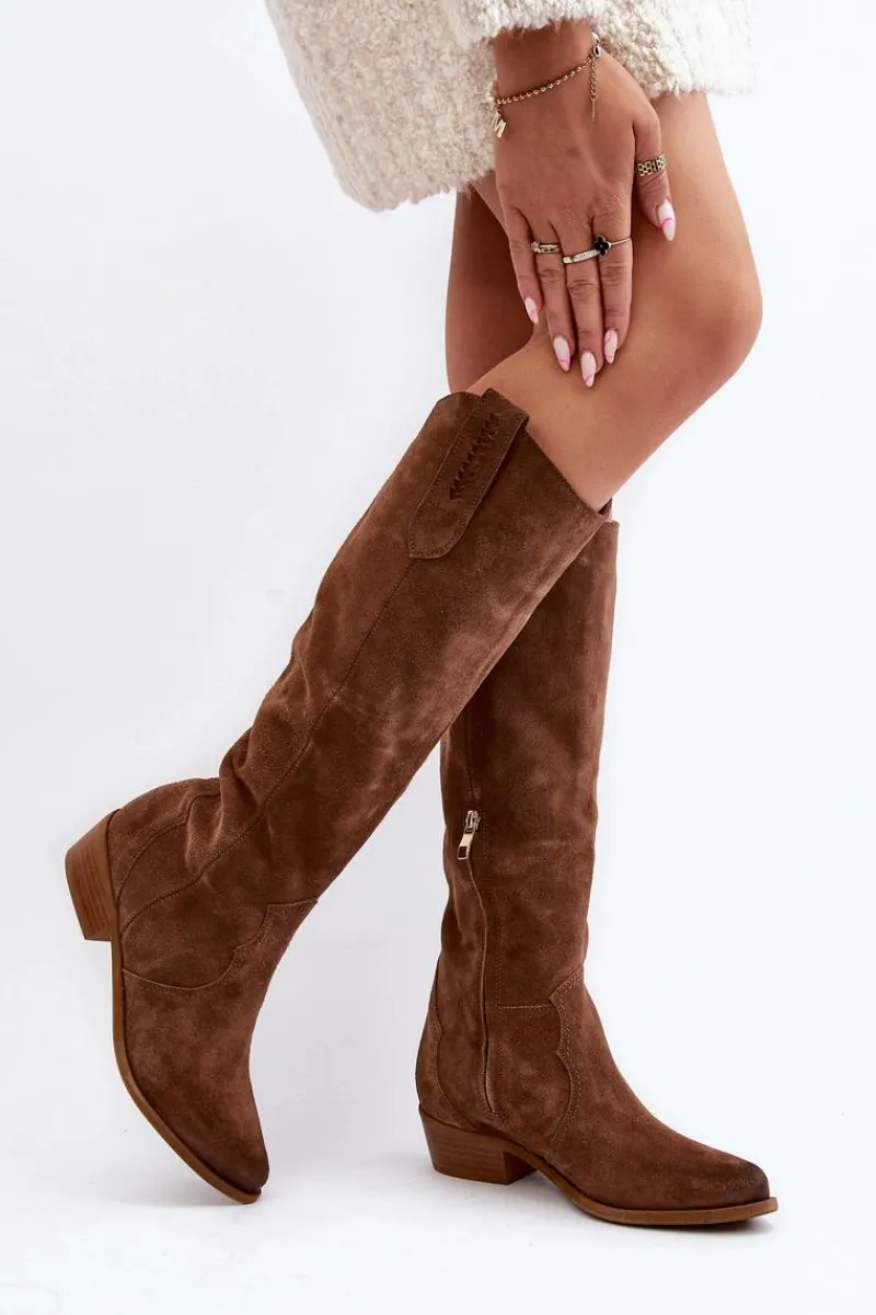 Online 3427 Damskie Zamszowe Kozaki Kowbojki Brązowe Damskie Kozaki Wiosenne|Kozaki Przed Kolano