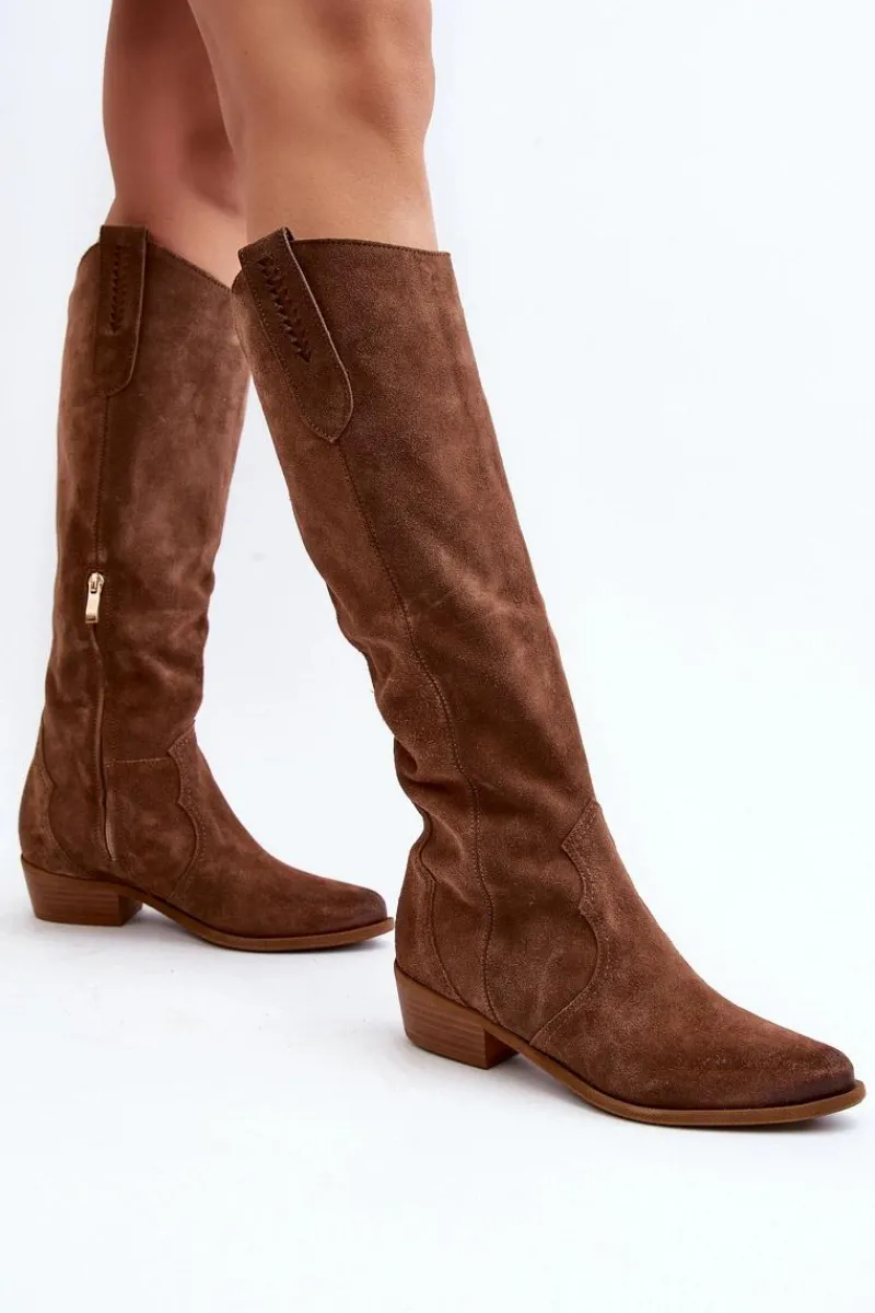 Online 3427 Damskie Zamszowe Kozaki Kowbojki Brązowe Damskie Kozaki Wiosenne|Kozaki Przed Kolano