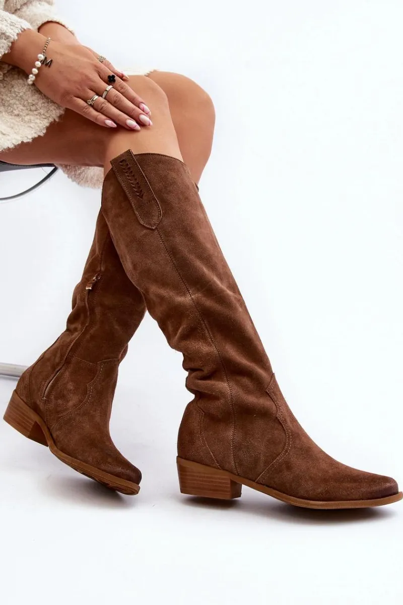 Online 3427 Damskie Zamszowe Kozaki Kowbojki Brązowe Damskie Kozaki Wiosenne|Kozaki Przed Kolano