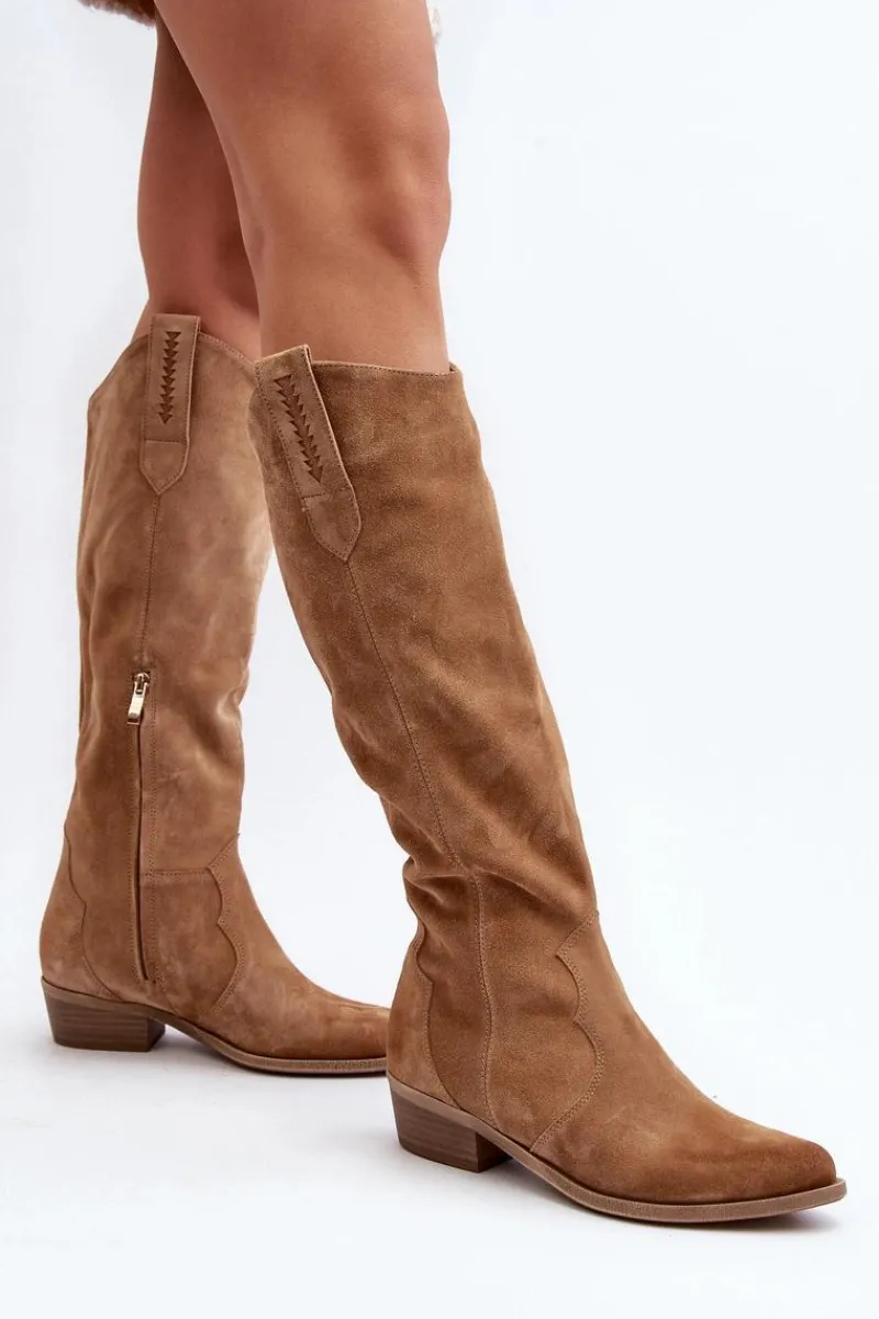 Kozaki Wiosenne|Kozaki Przed Kolano>Zazoo 3427 Damskie Zamszowe Kozaki Kowbojki Beżowe