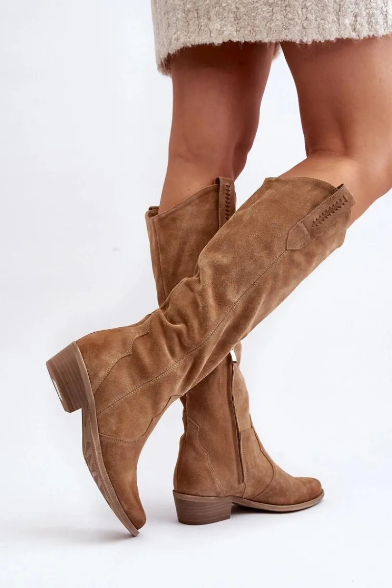 Kozaki Wiosenne|Kozaki Przed Kolano>Zazoo 3427 Damskie Zamszowe Kozaki Kowbojki Beżowe