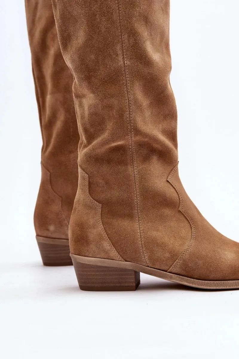 Kozaki Wiosenne|Kozaki Przed Kolano>Zazoo 3427 Damskie Zamszowe Kozaki Kowbojki Beżowe