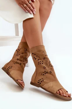 Sandały Płaskie>Boto Zazoo 3437 Damskie Zamszowe Sandały Z Cholewką Na Zamek Camel