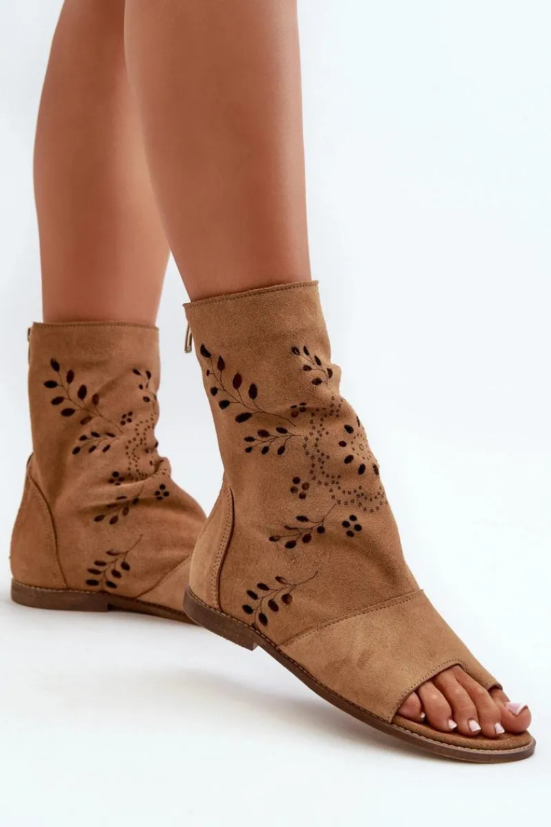 Sandały Płaskie>Boto Zazoo 3437 Damskie Zamszowe Sandały Z Cholewką Na Zamek Camel