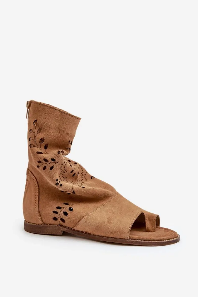 Sandały Płaskie>Boto Zazoo 3437 Damskie Zamszowe Sandały Z Cholewką Na Zamek Camel