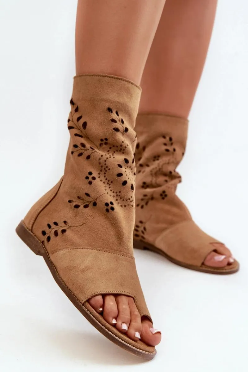 Sandały Płaskie>Boto Zazoo 3437 Damskie Zamszowe Sandały Z Cholewką Na Zamek Camel