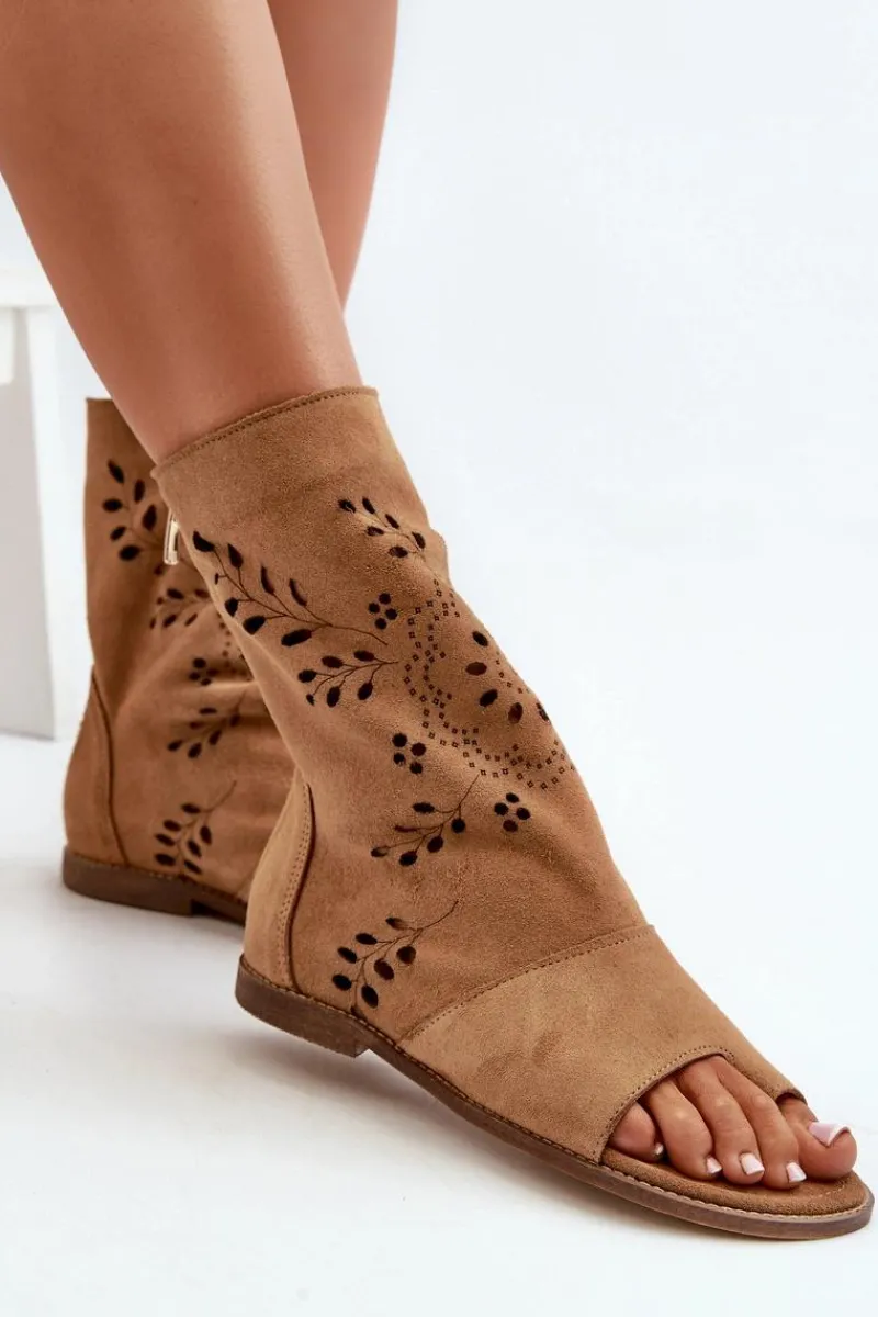 Sandały Płaskie>Boto Zazoo 3437 Damskie Zamszowe Sandały Z Cholewką Na Zamek Camel