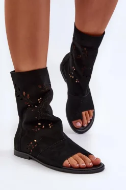 Discount Boto Zazoo 3437 Damskie Zamszowe Sandały Z Cholewką Na Zamek Czarne Czarny