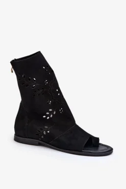 Discount Boto Zazoo 3437 Damskie Zamszowe Sandały Z Cholewką Na Zamek Czarne Czarny