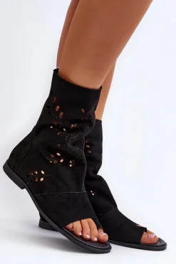 Discount Boto Zazoo 3437 Damskie Zamszowe Sandały Z Cholewką Na Zamek Czarne Czarny