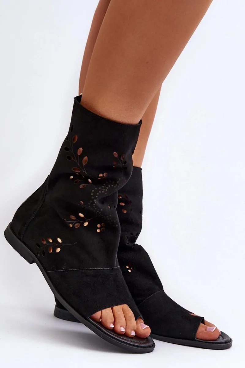 Discount Boto Zazoo 3437 Damskie Zamszowe Sandały Z Cholewką Na Zamek Czarne Czarny