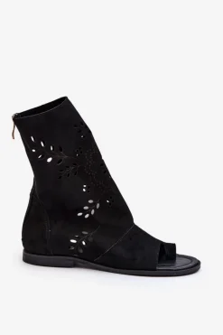 Discount Boto Zazoo 3437 Damskie Zamszowe Sandały Z Cholewką Na Zamek Czarne Czarny