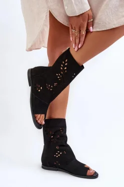 Discount Boto Zazoo 3437 Damskie Zamszowe Sandały Z Cholewką Na Zamek Czarne Czarny