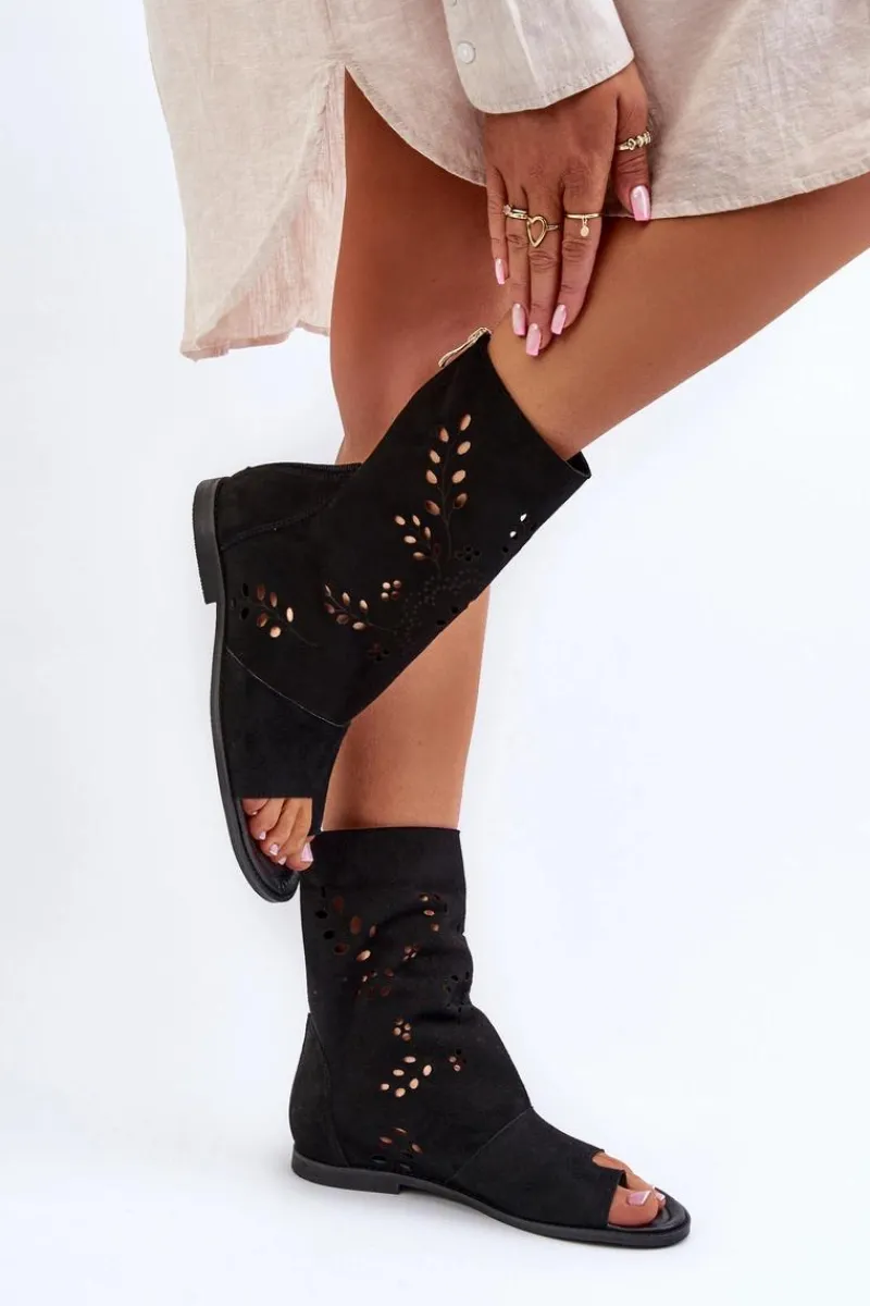 Discount Boto Zazoo 3437 Damskie Zamszowe Sandały Z Cholewką Na Zamek Czarne Czarny