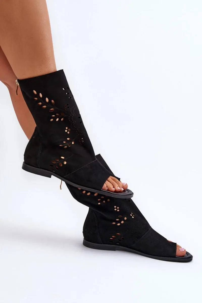 Discount Boto Zazoo 3437 Damskie Zamszowe Sandały Z Cholewką Na Zamek Czarne Czarny