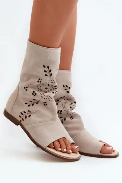 Best Zazoo 3437 Damskie Zamszowe Sandały Z Cholewką Na Zamek Jasnobeżowe Damskie Sandały Z Cholewką|Sandały Płaskie