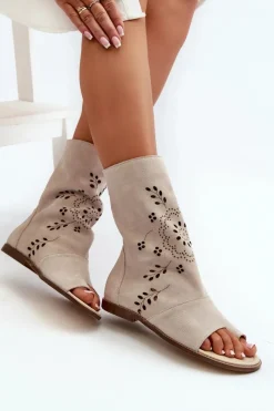 Best Zazoo 3437 Damskie Zamszowe Sandały Z Cholewką Na Zamek Jasnobeżowe Damskie Sandały Z Cholewką|Sandały Płaskie