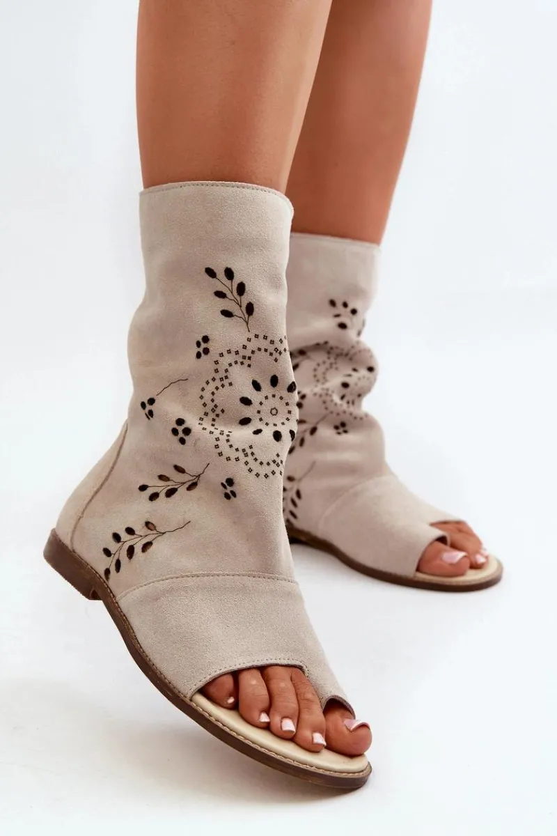 Best Zazoo 3437 Damskie Zamszowe Sandały Z Cholewką Na Zamek Jasnobeżowe Damskie Sandały Z Cholewką|Sandały Płaskie