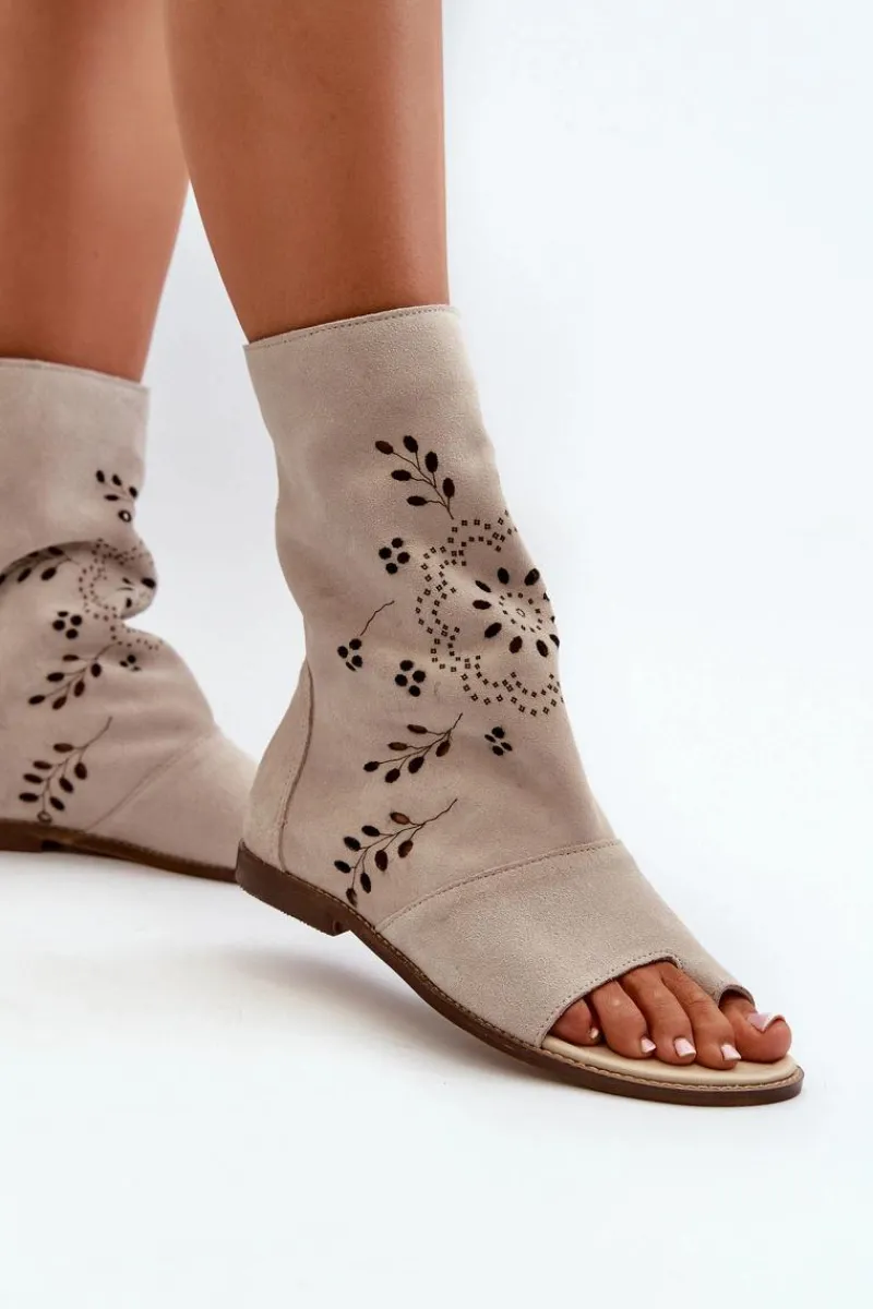 Best Zazoo 3437 Damskie Zamszowe Sandały Z Cholewką Na Zamek Jasnobeżowe Damskie Sandały Z Cholewką|Sandały Płaskie