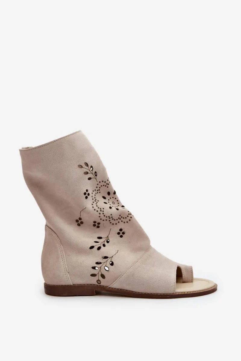 Best Zazoo 3437 Damskie Zamszowe Sandały Z Cholewką Na Zamek Jasnobeżowe Damskie Sandały Z Cholewką|Sandały Płaskie