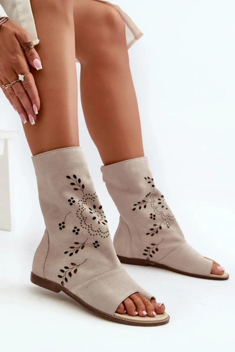 Best Zazoo 3437 Damskie Zamszowe Sandały Z Cholewką Na Zamek Jasnobeżowe Damskie Sandały Z Cholewką|Sandały Płaskie