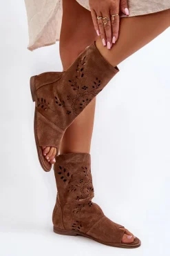 Sandały Z Cholewką|Sandały Płaskie></noscript>Boto Zazoo 3437 Damskie Zamszowe Sandały Z Cholewką Na Zamek Brązowe Brązowy