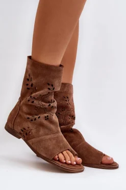 Sandały Z Cholewką|Sandały Płaskie></noscript>Boto Zazoo 3437 Damskie Zamszowe Sandały Z Cholewką Na Zamek Brązowe Brązowy