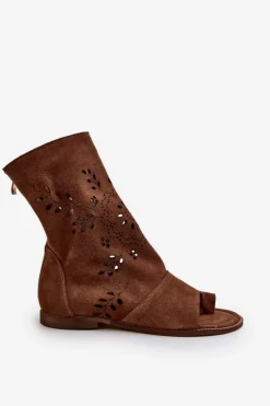 Sandały Z Cholewką|Sandały Płaskie></noscript>Boto Zazoo 3437 Damskie Zamszowe Sandały Z Cholewką Na Zamek Brązowe Brązowy