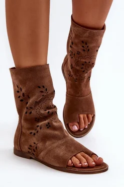 Sandały Z Cholewką|Sandały Płaskie></noscript>Boto Zazoo 3437 Damskie Zamszowe Sandały Z Cholewką Na Zamek Brązowe Brązowy