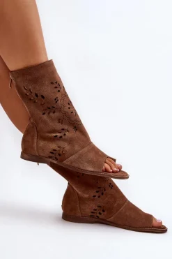 Sandały Z Cholewką|Sandały Płaskie></noscript>Boto Zazoo 3437 Damskie Zamszowe Sandały Z Cholewką Na Zamek Brązowe Brązowy