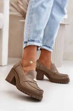 Best Zazoo 20168 Eleganckie Półbuty Damskie Na Słupku Skóra Naturalna Ciemnobeżowe Beżowy