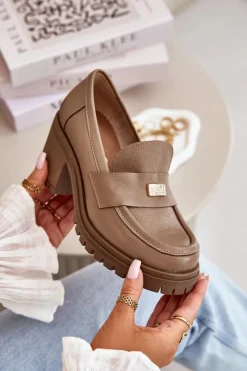 Best Zazoo 20168 Eleganckie Półbuty Damskie Na Słupku Skóra Naturalna Ciemnobeżowe Beżowy