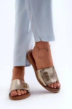 Outlet Zazoo 40384 Eleganckie Skórzane Klapki Damskie Złote Złoty