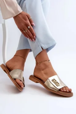 Outlet Zazoo 40384 Eleganckie Skórzane Klapki Damskie Złote Złoty