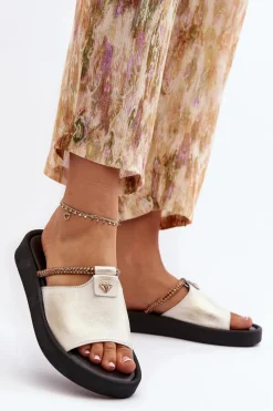 Online Zazoo 2896 Klapki Damskie Skórzane Biało-Złote Biały