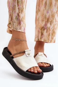 Online Zazoo 2896 Klapki Damskie Skórzane Biało-Złote Biały