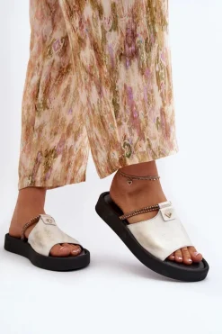 Online Zazoo 2896 Klapki Damskie Skórzane Biało-Złote Biały