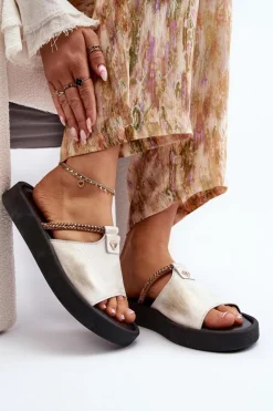 Online Zazoo 2896 Klapki Damskie Skórzane Biało-Złote Biały