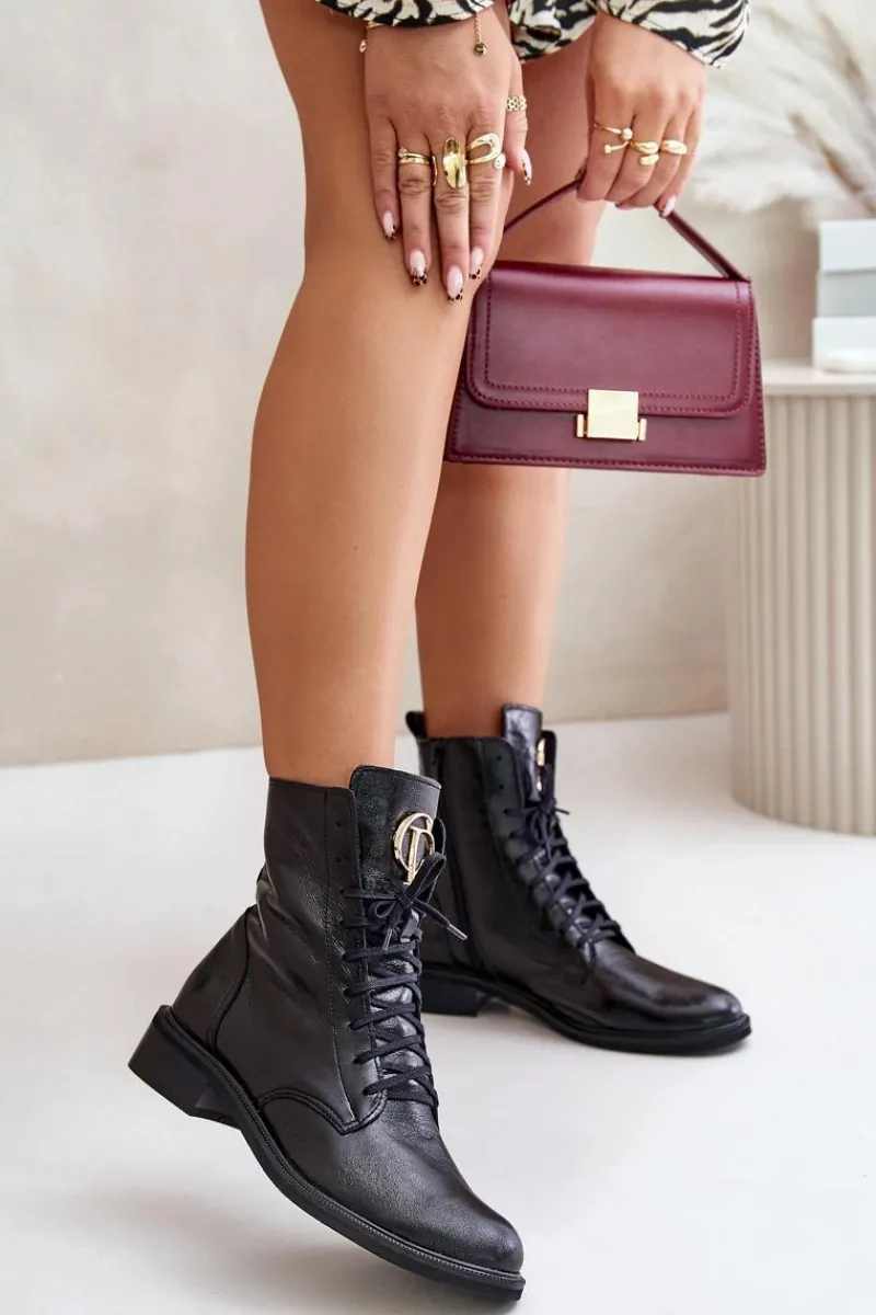 Botki Sznurowane|Botki Płaskie>Zazoo 2955 Lakierowane Botki Workery Ze Złotym Detalem Na Języku Czarne Czarny