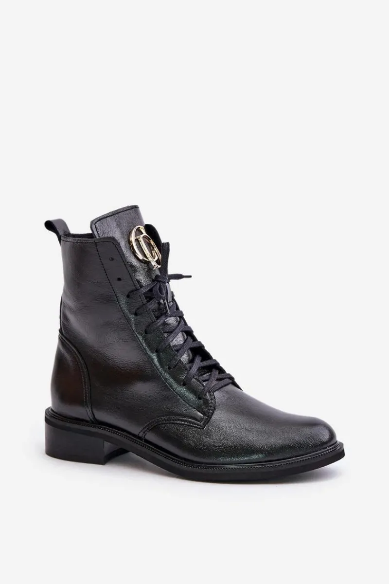 Botki Sznurowane|Botki Płaskie>Zazoo 2955 Lakierowane Botki Workery Ze Złotym Detalem Na Języku Czarne Czarny