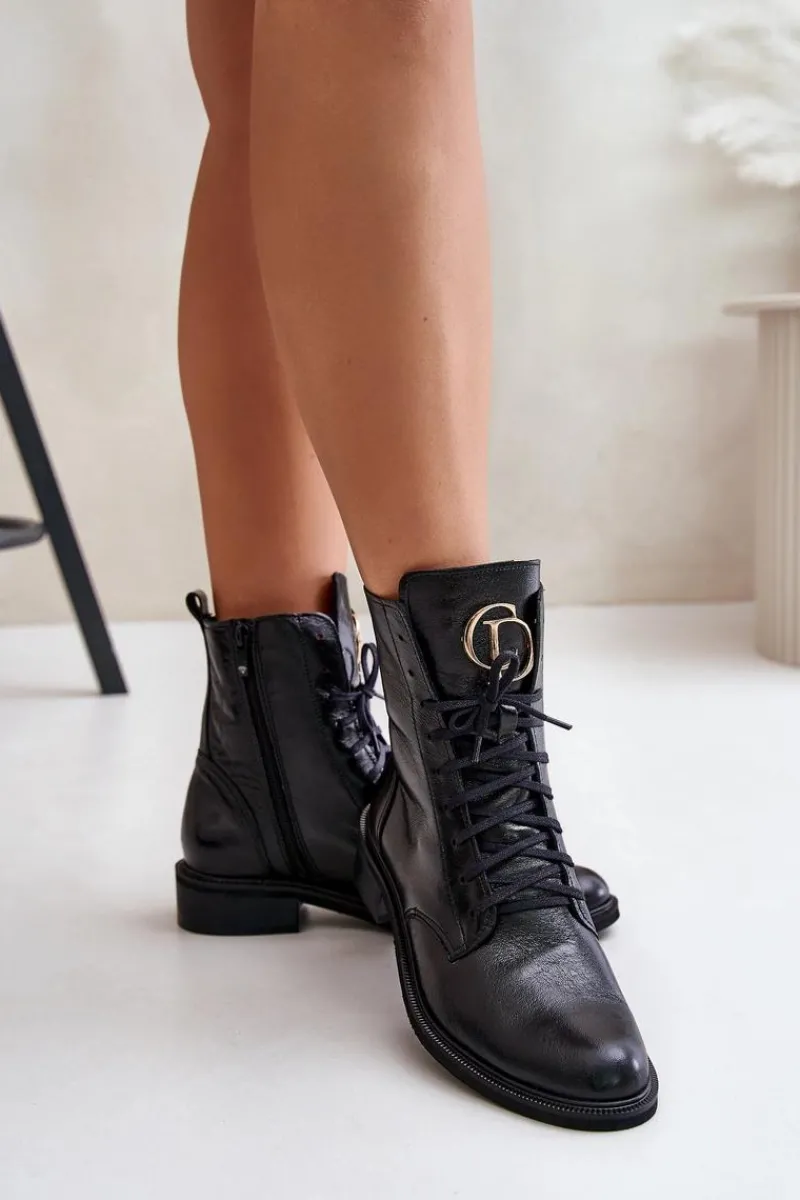 Botki Sznurowane|Botki Płaskie>Zazoo 2955 Lakierowane Botki Workery Ze Złotym Detalem Na Języku Czarne Czarny