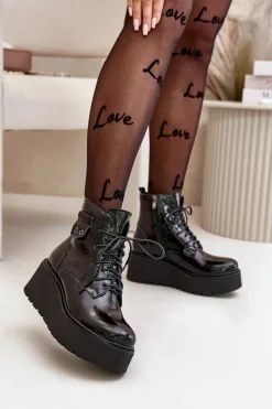 Best Zazoo 60499 Lakierowane Damskie Botki Na Platformie I Koturnie Ocieplane Skóra Naturalna Ciemnozielone