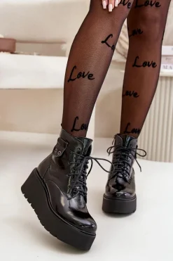 Best Zazoo 60499 Lakierowane Damskie Botki Na Platformie I Koturnie Ocieplane Skóra Naturalna Ciemnozielone