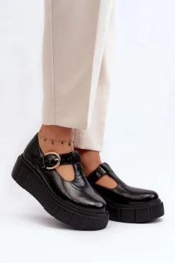 Zazoo 20102 Modne Lakierowane Półbuty Na Masywnej Platformie Czarne Czarny