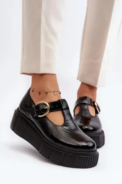 Zazoo 20102 Modne Lakierowane Półbuty Na Masywnej Platformie Czarne Czarny