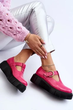 New Zazoo 20102 Modne Lakierowane Półbuty Na Masywnej Platformie Fuksja