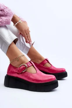 New Zazoo 20102 Modne Lakierowane Półbuty Na Masywnej Platformie Fuksja